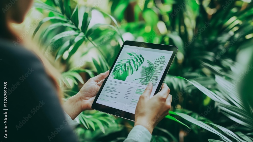 Poster a person reviews digital content on a tablet with images of leaves against a backdrop of vibrant gre