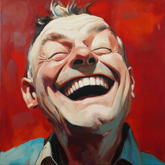Lighthearted Joking and Fun concept. Joyful man laughing with bright smile against red background
