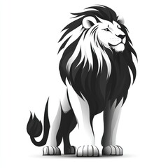 Fototapeta premium Majestic monochrome lion standing, powerful pose, white background.