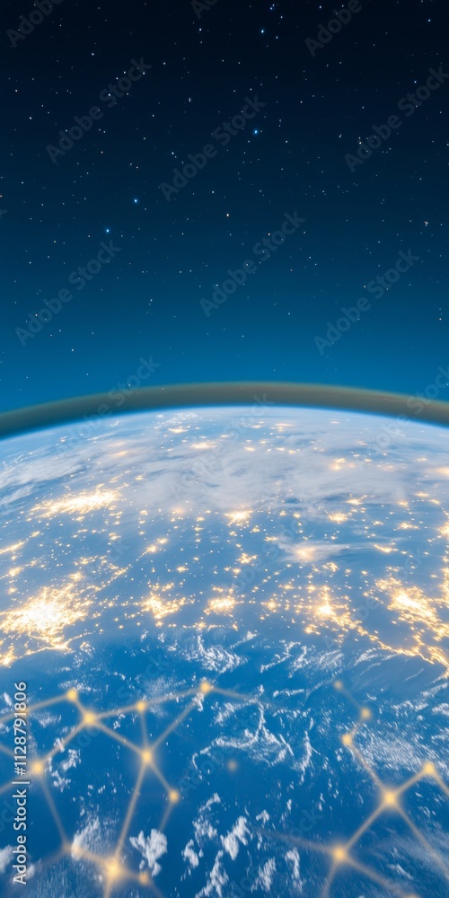 Poster satellite network scanning for asteroids above illuminated earth at night