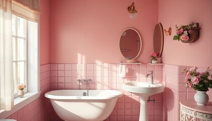 pink bathroom with pastel tones, vintage-inspired fixtures, and floral accents, bathed in soft afternoon light that creates a charming and peaceful space