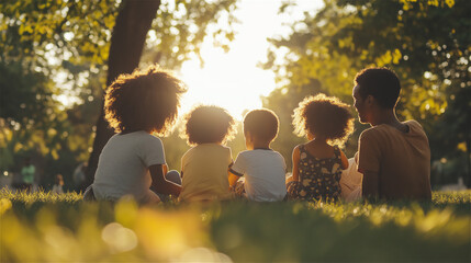 Children sitting together on grass under golden sunlight, sharing stories and laughter. Highlights childhood innocence and bonds of friendship.