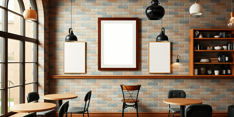 A mockup showcasing a piece of artwork hanging on a brick wall in a cozy cafe setting. The rustic brick wall
