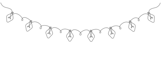 Continuous one line drawing of christmas garland with light bulbs. Holiday garland in simple linear style. Illustration in doodle style.
