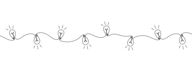 Continuous one line drawing of christmas garland with light bulbs. Holiday garland in simple linear style. Illustration in doodle style.