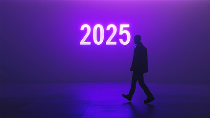 Obraz premium A man walking towards glowing '2025' numbers in a purple-lit space. The minimalist futuristic concept evokes ambition and hope for the new year.