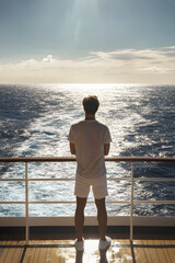 Fototapeta premium Reflective Moments at Sea: A Young Man's Solitude Amidst the Ocean's Embrace on a Cruise Journey