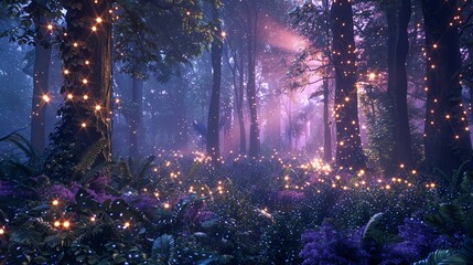 A magical forest with glowing lights.