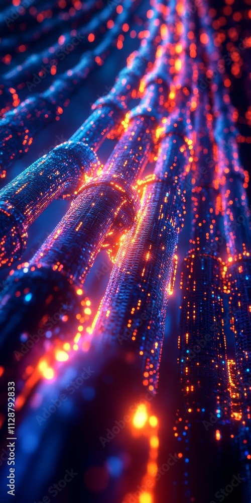 Fototapete Illuminated Neon Blockchain Nodes and Financial Graphs Reflection Futuristic Concept of Decentralized Finance