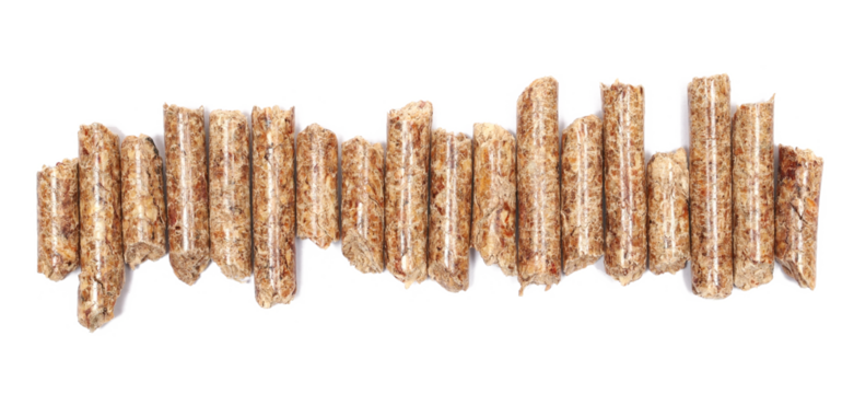 Wood pellet cat litter isolated on white, top view