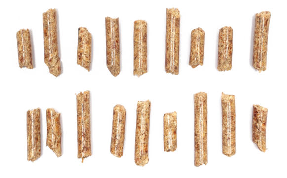 Close up set wood pellet cat litter isolated on white, top view, clipping