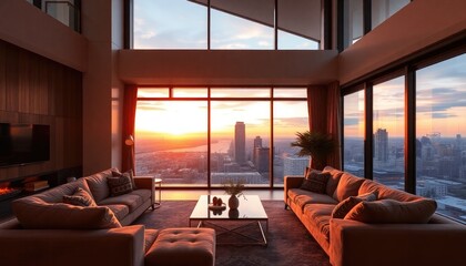 modern living room design with plush furniture, large windows offering a view of the city, and soft lighting creating a cozy and stylish space during sunset