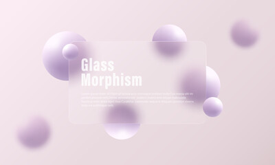 Website landing page in glass morphism style. Partition made of transparent material with floating spheres.