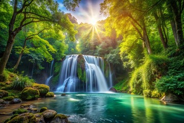 Obraz premium Captivating Waterfall Cascading Through Lush Green Forest Surrounded by Vibrant Flora and Sunlight, Creating a Serene Natural Escape with a Tranquil Atmosphere