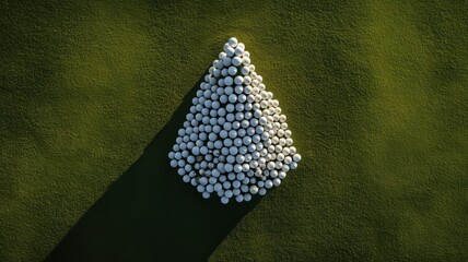 Christmas tree with golf balls on on the golf course, winter holidays on sport pitch lawn, copy space