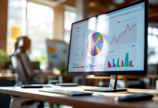 A computer monitor displays a pie chart and a series of graphs