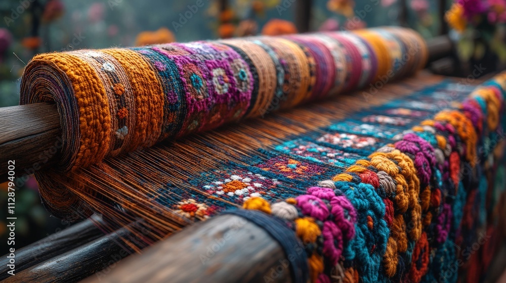 Poster Vibrant Textiles on a Loom: A Close-Up View of Colorful Handwoven Fabrics with Intricate Patterns in a Craft Workshop Setting