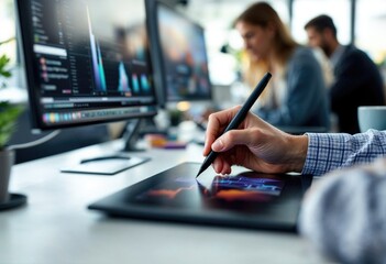A man is writing on a tablet with a black pen