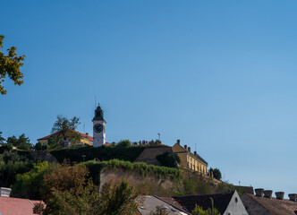 Low view of Petrovaradin and clock tower, Novi Sad, Serbia.