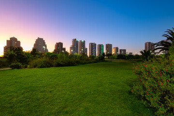 Obraz premium Skyline of buildings at the coastal city of Reñaca from La Foresta de Reñaca Park, Valparaiso Region, Chile