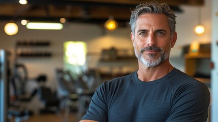 Obraz premium Confident middle-aged man with graying hair and beard in a gym setting