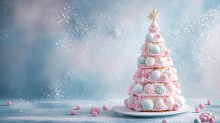 Colorful confectionery cookies forming christmas tree on gray background with copy space
