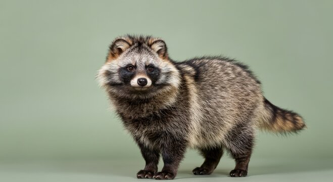 Adorable tanuki on green background, highlighting wildlife and nature conservation