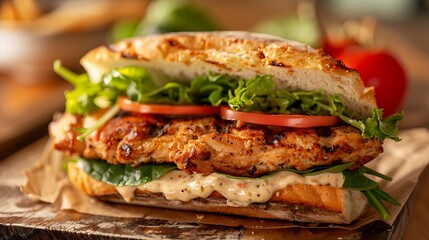 A delicious shot of a crispy grilled chicken fillet with a creamy chicken romaine sandwich