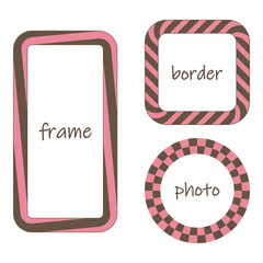 Decorative geometric ornament frame set. Square, circle, rectangle shapes background. Mocha coffee, pink color palette, empty text space, modern graphic, vintage style. Cute vector illustration