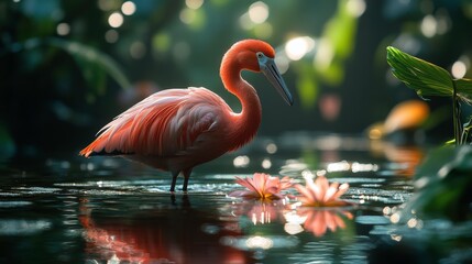 Fototapeta premium Vibrant Pink Flamingo Standing Gracefully in Calm Waters Surrounded by Lush Green Foliage and Reflective Water Lilies in a Serene Natural Habitat
