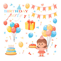 Birthday Party Set with Girl Balloons Cake Present and Flags