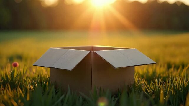 A glowing cardboard box lit by sunlight outdoors, symbolizing imagination, creativity, and potential hidden within an ordinary object.