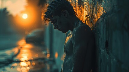 A person experiencing heatstroke symptoms, leaning against a wall and looking visibly distressed while someone offers assistance