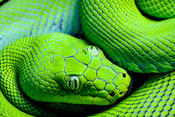 Fototapeta premium Close of snake with its head turned. Close up of a green snake. Close up view of a bright green head snake up. Close up view of a green head snake with a lifestyle bright green top.