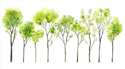 Obraz premium Row of watercolor tree illustrations in various shades of green on a white background