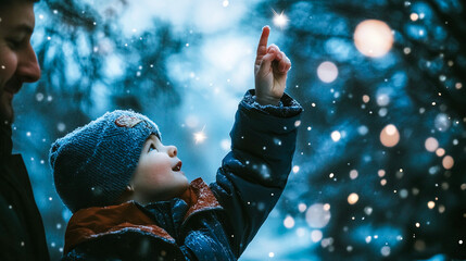 A little boy reaches out with his hand to a star in a blue starry sky in wintry snowfall. Magic of childhood. Making wish. A kid with father in winter
