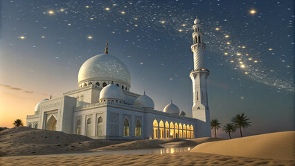 Obraz premium Religious background of Ramadan Kareem with mosque silhouettes reflected