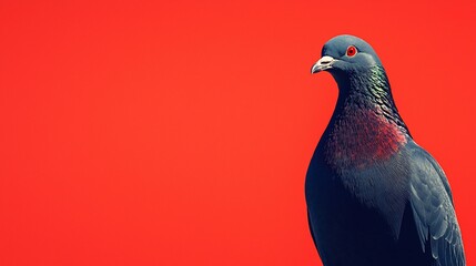Fototapeta premium Close-up of a dark pigeon against a vibrant red background.