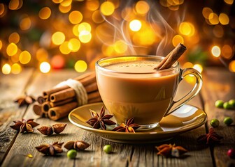 Cardamom Powder Sprinkled on Chai Tea with Cinnamon Stick and Star Anise in a Cozy Setting, Creating a Warm and Inviting Moment for Tea Lovers