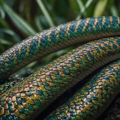 Obraz premium A shimmering scale pattern on a snake’s skin, set against a blurred jungle canopy.