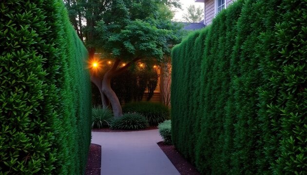 Hedges front yard with neatly trimmed greenery, offering a peaceful and private entrance, lit by the warm glow of the evening sun - Powered by Adobe