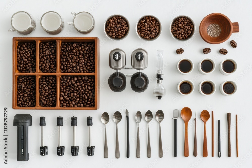 Poster flat lay showcases coffee beans, cups, spoons, and a coffee maker, offering ample space for text and