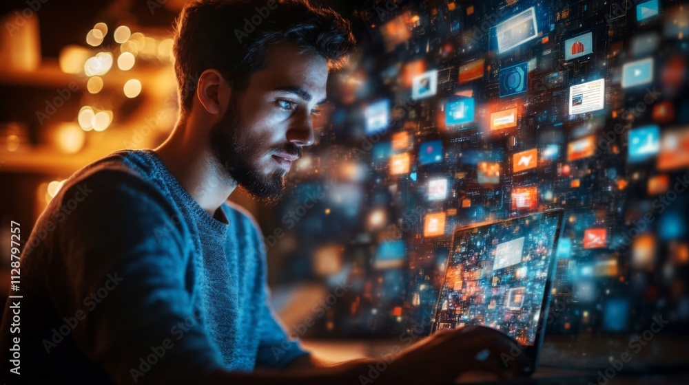 Poster man immersed in digital world of icons and data