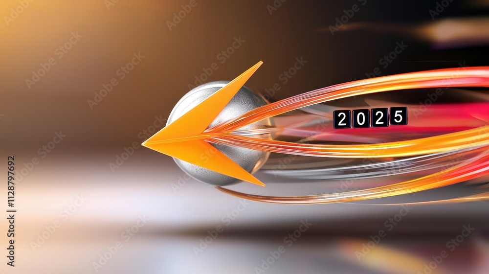Poster dynamic abstract design featuring a globe and an arrow, symbolizing progress towards 2025.