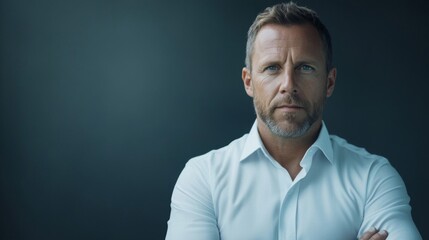 Obraz premium Portrait of a Man with a Serious Expression in a White Shirt Against a Blue Background