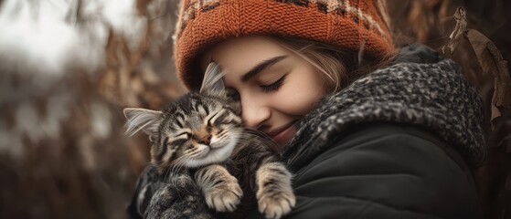 Young woman embraces her striped kitten while wearing a cozy hat in a natural outdoor setting during fall