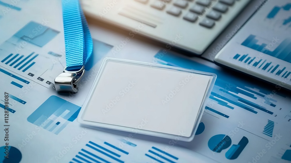 Poster a close-up of an id card with the background being blue graphs and charts, symbolizing business data