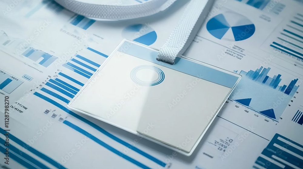 Poster a close-up of an id card with the background being blue graphs and charts, symbolizing business data