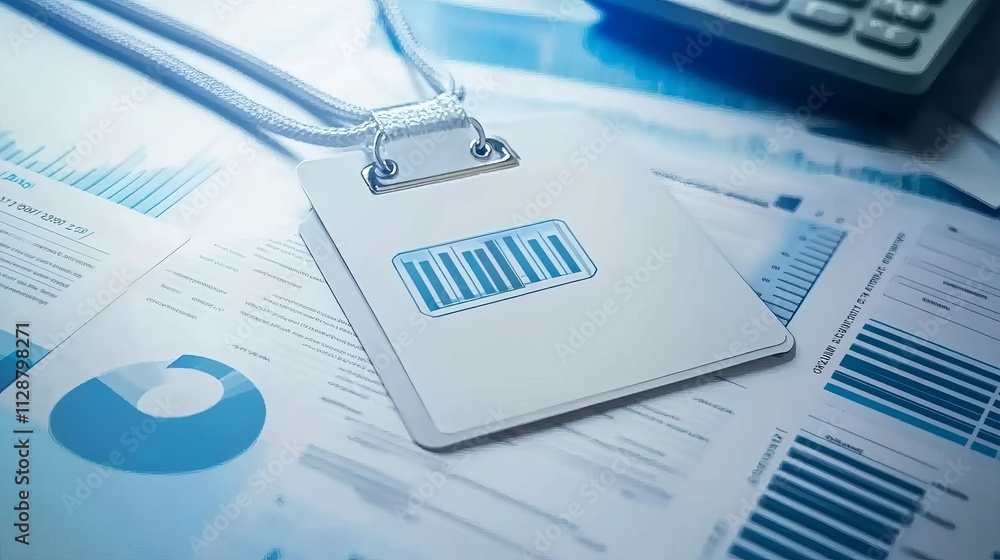 Poster a close-up of an id card with the background being blue graphs and charts, symbolizing business data