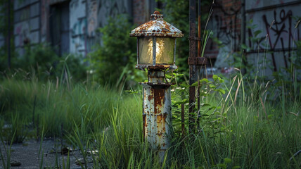 Overgrown Streetlamp: A close-up image of a streetlamp overtaken by rust and surrounded by wild grass, reflecting the neglect and abandonment of urban areas.